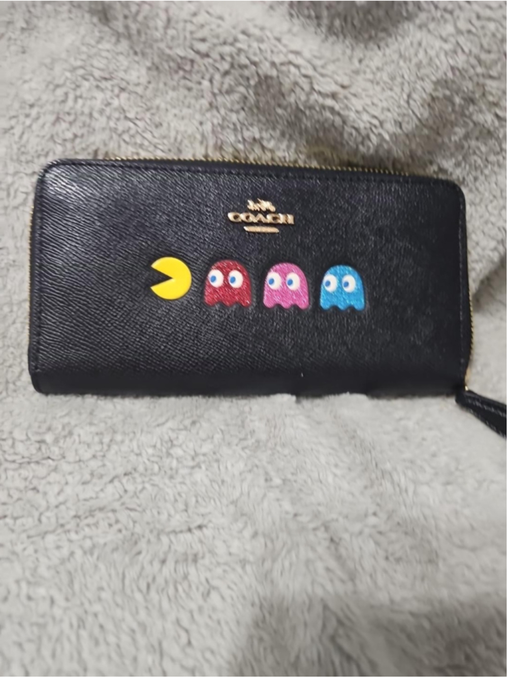 Coach x Pac-Man Limited Edition Black Leather Accordion Zip Wallet Ghosts
